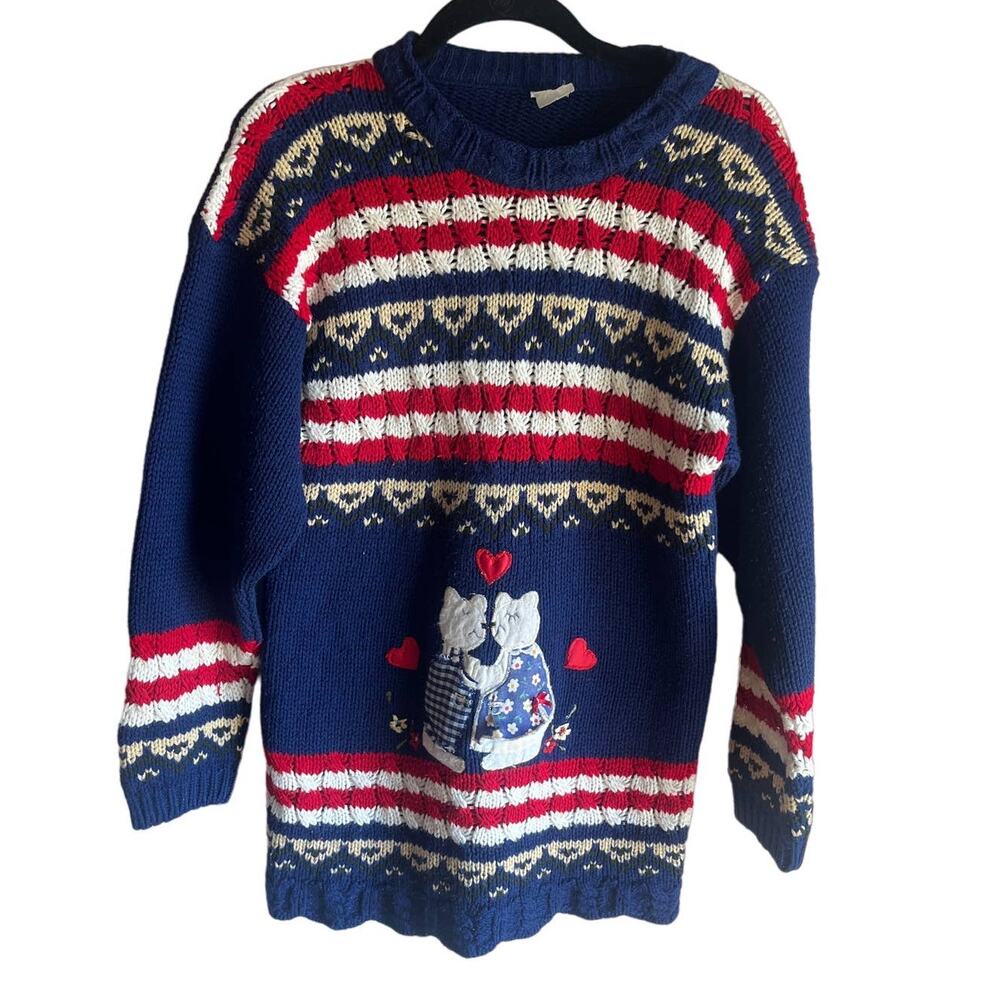 Vintage Chunky Fair Isle Red White Blue Bear Embroidered Sweater